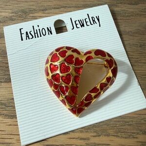 Vintage Gold Tone Metal Red Enamel Multi
Heart Brooch Pin